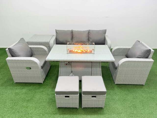 Rackhams PE Rattan Garden Furniture Set Reclining Chair Sofa Lounge Sofa Set Fire Pit Dining Table Side Table 2 Small Stools Light Grey - image 1