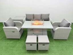 Rackhams PE Rattan Garden Furniture Set Reclining Chair Sofa Lounge Sofa Set Fire Pit Dining Table Side Table 2 Small Stools Light Grey - thumbnail 1