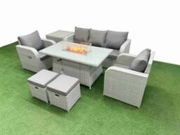 Rackhams PE Rattan Garden Furniture Set Reclining Chair Sofa Lounge Sofa Set Fire Pit Dining Table Side Table 2 Small Stools Light Grey - thumbnail 2