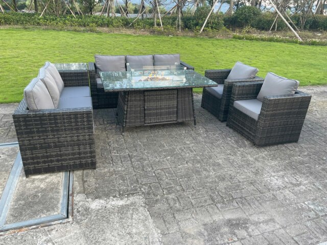 Rackhams 8 Seater Outdoor Rattan Garden Furniture Gas Fire Pit Table Sets Gas Heater Lounge Chairs Side Coffee Tea Table Dark Grey - image 1