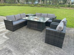 Rackhams 8 Seater Outdoor Rattan Garden Furniture Gas Fire Pit Table Sets Gas Heater Lounge Chairs Side Coffee Tea Table Dark Grey - thumbnail 3