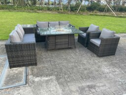 Rackhams 8 Seater Outdoor Rattan Garden Furniture Gas Fire Pit Table Sets Gas Heater Lounge Chairs Side Coffee Tea Table Dark Grey - thumbnail 1