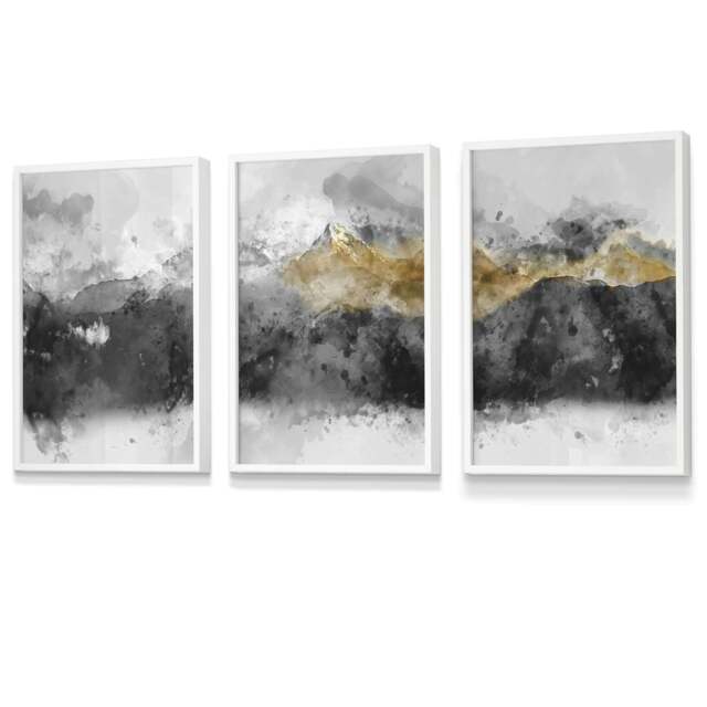Rackhams Set of 3 Abstract Mountains Black & Grey Framed Wall Art - 30x42cm (A3) - White - image 1
