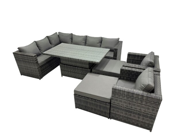 Rackhams 10 seater Height Adjustable Rising Lifting Table Corner Sofa Set Rattan Garden Furniture Dining Set with 2 Big Stools Dark Grey Mixed - image 1