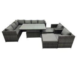 Rackhams 10 seater Height Adjustable Rising Lifting Table Corner Sofa Set Rattan Garden Furniture Dining Set with 2 Big Stools Dark Grey Mixed - thumbnail 2