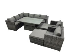 Rackhams 10 seater Height Adjustable Rising Lifting Table Corner Sofa Set Rattan Garden Furniture Dining Set with 2 Big Stools Dark Grey Mixed - thumbnail 1