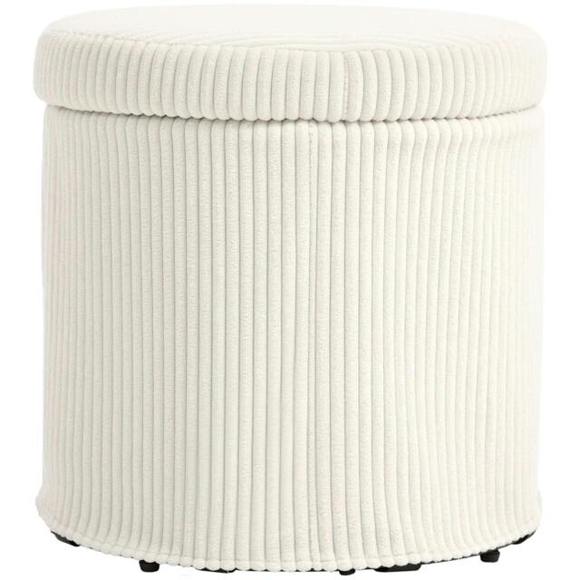 Rackhams 40cm Round Storage Ottoman, Corduroy Footstool with Removable Lid and Legs, Vanity Stool for Living Room, Bedroom, Beige