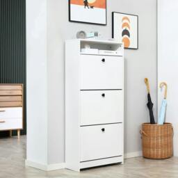 Rackhams Narrow Shoe Cabinet with 3 Flip Doors, 14-18 Pairs Shoe Cupboard with Open Shelf for Slim Hallway and Entryway, 24 x 60 x 132 cm, White - thumbnail 2