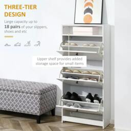 Rackhams Narrow Shoe Cabinet with 3 Flip Doors, 14-18 Pairs Shoe Cupboard with Open Shelf for Slim Hallway and Entryway, 24 x 60 x 132 cm, White - thumbnail 4