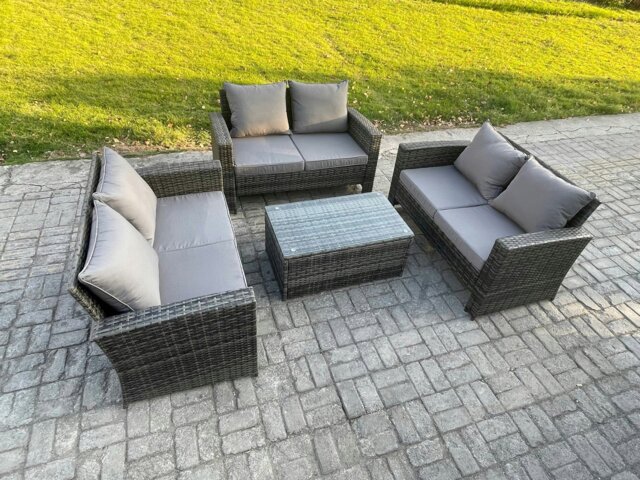 Rackhams Dark Grey 6 Seater Outdoor Rattan Garden Furniture Set Patio Love Sofa Rectangular Coffee Table Set - image 1