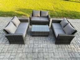 Rackhams Dark Grey 6 Seater Outdoor Rattan Garden Furniture Set Patio Love Sofa Rectangular Coffee Table Set - thumbnail 2