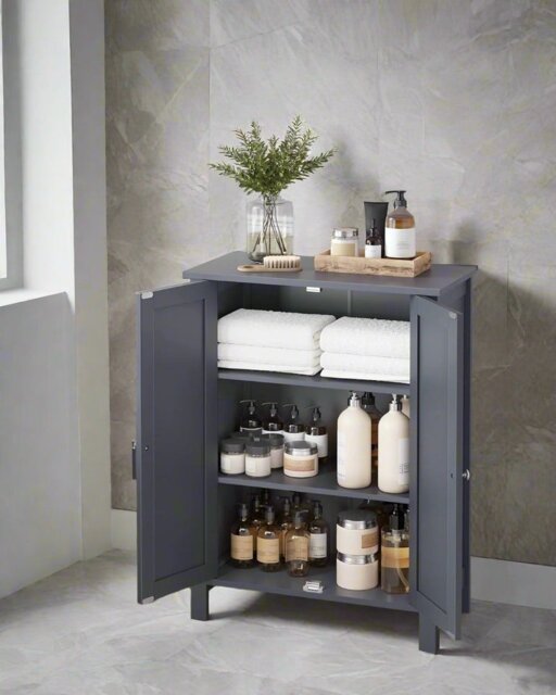 Rackhams Grey Bathroom Storage Cabinet – Freestanding Cupboard with 2 Adjustable Shelves - image 1