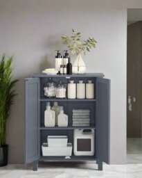 Rackhams Grey Bathroom Storage Cabinet – Freestanding Cupboard with 2 Adjustable Shelves - thumbnail 3