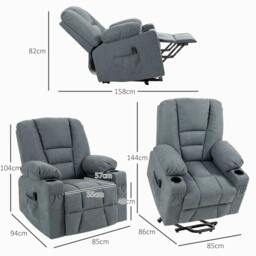 Rackhams Oversized Riser and Recliner Chairs for the Elderly, Fabric Upholstered Lift Chair for Living Room with Remote Control, Side Pockets, Cup Holder, Grey - thumbnail 3