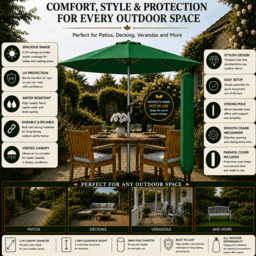 Rackhams Tilting Garden Parasol Table Umbrella 2.7M with Crank Handle, UV40 Protection, Includes Protection Cover - Green - thumbnail 3
