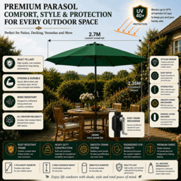 Rackhams Tilting Garden Parasol Table Umbrella 2.7M with Crank Handle, UV40 Protection, Includes Protection Cover - Green - thumbnail 2