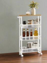 Rackhams Slim 4-Tier Kitchen Storage Trolley with Wheels – Oak & White, Narrow Rolling Cart for Small Spaces - thumbnail 2