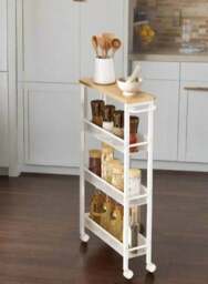 Rackhams Slim 4-Tier Kitchen Storage Trolley with Wheels – Oak & White, Narrow Rolling Cart for Small Spaces - thumbnail 3