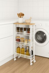 Rackhams Slim 4-Tier Kitchen Storage Trolley with Wheels – Oak & White, Narrow Rolling Cart for Small Spaces