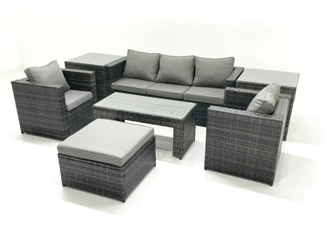 Rackhams Rattan Garden Furniture Set Outdoor Lounger Sofa with Coffee Table 2 Armchair Big Footstool 2 Side Tables Dark Grey Mixed - image 1