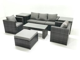 Rackhams Rattan Garden Furniture Set Outdoor Lounger Sofa with Coffee Table 2 Armchair Big Footstool 2 Side Tables Dark Grey Mixed - thumbnail 1