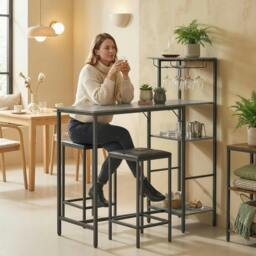 Rackhams 3Pcs Breakfast Bar Table and Stools Set 4-tier shelving - Grey