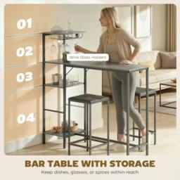 Rackhams 3Pcs Breakfast Bar Table and Stools Set 4-tier shelving - Grey - thumbnail 5