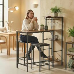 Rackhams 3Pcs Breakfast Bar Table and Stools Set 4-tier shelving - Grey - thumbnail 6