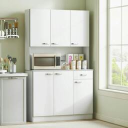 Rackhams Kitchen Cupboard, Freestanding Kitchen Storage Cabinet with 6 Doors, Drawer, Adjustable Shelves and Open Countertop for Dining Room, White - thumbnail 2