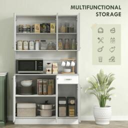 Rackhams Kitchen Cupboard, Freestanding Kitchen Storage Cabinet with 6 Doors, Drawer, Adjustable Shelves and Open Countertop for Dining Room, White - thumbnail 4