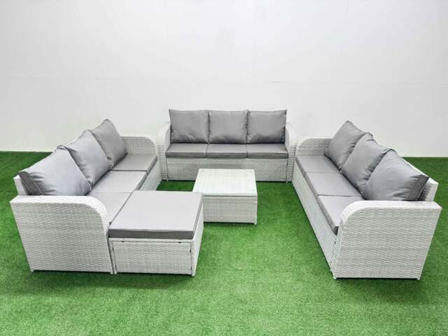 Rackhams PE Rattan Lounge Sofa Set 10 Seater Outdoor Garden Furniture Set with Square Coffee Table 3 Seater Sofa Big Footstool Light Grey - image 1