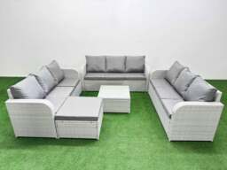 Rackhams PE Rattan Lounge Sofa Set 10 Seater Outdoor Garden Furniture Set with Square Coffee Table 3 Seater Sofa Big Footstool Light Grey - thumbnail 1