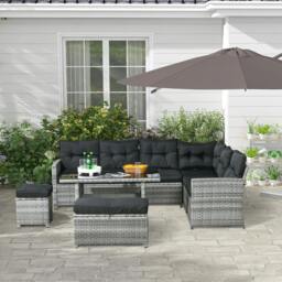 Rackhams 5 PCs Rattan Garden Furniture Set with Stools, Table, Cushion - thumbnail 1