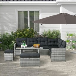 Rackhams 5 PCs Rattan Garden Furniture Set with Stools, Table, Cushion - thumbnail 3