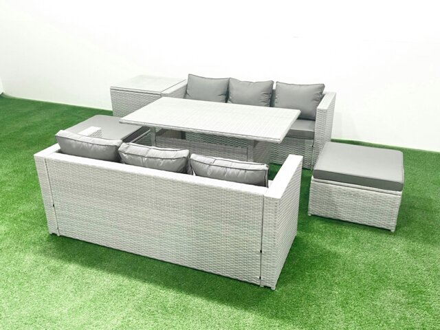 Rackhams Rattan Garden Furniture Set 8 Seater Outdoor Sofa Set with Dining Table Side Table 2 Big Footstools Light Grey Mixed - image 1