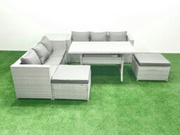 Rackhams Rattan Garden Furniture Set 8 Seater Outdoor Sofa Set with Dining Table Side Table 2 Big Footstools Light Grey Mixed - thumbnail 2