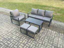 Rackhams Aluminium Outdoor Garden Furniture Set Patio Lounge Sofa with Oblong Coffee Table 2 Small Footstools Armchair Dark Grey - thumbnail 2
