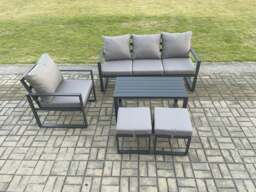 Rackhams Aluminium Outdoor Garden Furniture Set Patio Lounge Sofa with Oblong Coffee Table 2 Small Footstools Armchair Dark Grey - thumbnail 1