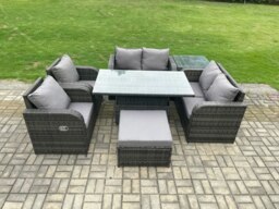 Rackhams Rattan Furniture Outdoor Garden Dining Set Patio Height Adjustable Rising lifting Table Love Sofa Chair With Side Table Big Footstool - thumbnail 2