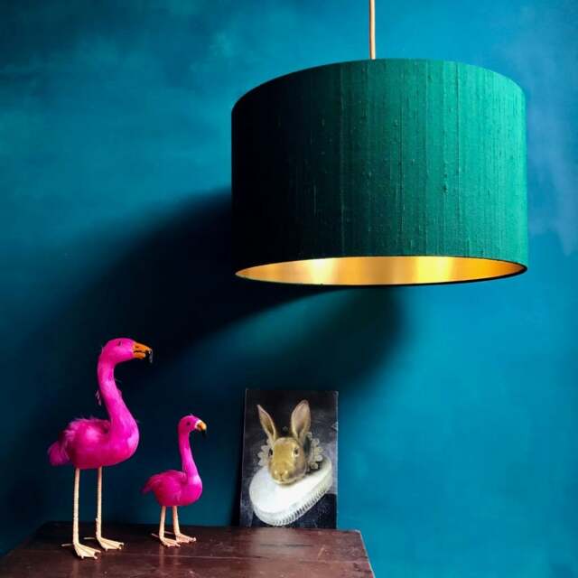 "Rackhams Indian Silk Lampshade in Forest Green With Gold Lining - 30cm Diameter x 20cm Height / (12"" x 8"")" - image 1