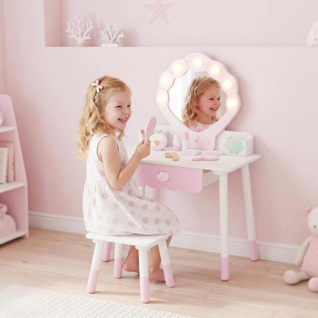 Rackhams Kids Vanity Set with Chair, Acrylic Mirror, Lighted Bulbs, Pink - image 1
