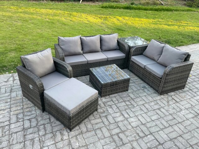 Rackhams Rattan Garden Furniture 6 Piece Patio Set With Table Sofa Square Coffee Table Reclining Chair Loveseat sofa Big Footstool Side Table - image 1