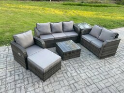Rackhams Rattan Garden Furniture 6 Piece Patio Set With Table Sofa Square Coffee Table Reclining Chair Loveseat sofa Big Footstool Side Table - thumbnail 1