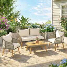 Rackhams 4 Seater Rattan Garden Furniture Set with Thick Cushions - Grey - thumbnail 2