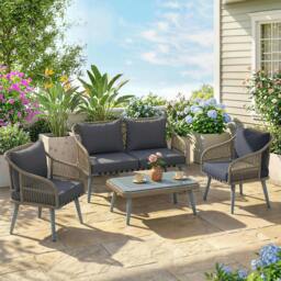 Rackhams 4 Seater Rattan Garden Furniture Set with Thick Cushions - Grey