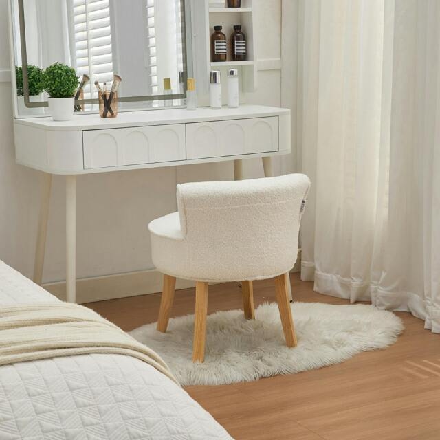 Rackhams Teddy Fleece Dressing Table Stool with Solid Wood Legs - White - One Size - image 1