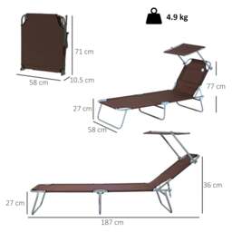 Rackhams Outdoor Foldable Sun Lounger, 4 Level Adjustable Backrest Reclining Sun Lounger Chair with Angle Adjust Sun Shade Awning, Brown - thumbnail 3