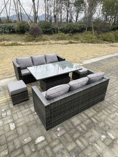 Rackhams 8 Seater?Outdoor Rattan Sofa Set Garden Furniture Adjustable Rising Lifting Dining Table Footstools Dark Grey Mixed - image 1