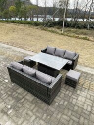 Rackhams 8 Seater?Outdoor Rattan Sofa Set Garden Furniture Adjustable Rising Lifting Dining Table Footstools Dark Grey Mixed - thumbnail 2
