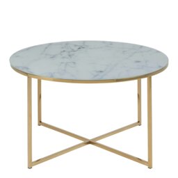 Rackhams Alisma Round Coffee Table with White Marble Effect Glass Top & Gold Legs - 1 - White and Gold - White - thumbnail 3